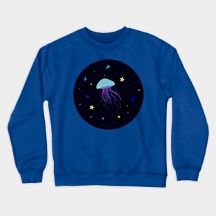 Light blue Jelly Fish in dark ocean artwork, deep ocean creatures , star fish , sparky ocean jelly fish , sea rocks Crewneck Sweatshirt